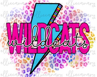 Go Wildcats PNG Sports Mom Team Spirit, Digital Download, Sublimation Design Retro Bright Lightning Leopard Mascot