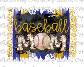 May include: A baseball-themed design with the word "baseball" in gold script above "MOM" in leopard print letters. A baseball is centered between the letters. The background features blue, black, and gold brushstrokes and leopard print.
