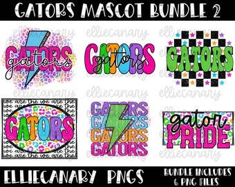 May include: A collection of six colorful Gator-themed designs. Each design features the word "GATORS" in various fonts and styles, with accents like lightning bolts, leopard print, and stars. The phrase "gator PRIDE" is also included.