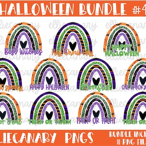 以下が含まれることがあります： 「Best Witches」や「Happy Halloween」などのフレーズが書かれた虹のデザインが特徴の、ハロウィーンをテーマにしたデジタルアートバンドルです。各虹にはハートとコウモリのアクセントがあり、オレンジ、紫、緑、黒の色が使われています。「EllieCanary PNGs」の文字も表示されています。