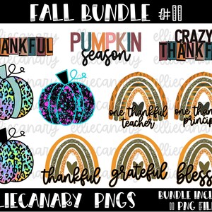 May include: A digital art bundle with autumn-themed designs. Features pumpkin illustrations with leopard print patterns and text overlays such as "Thankful" and "Pumpkin Season." Also includes rainbow designs with phrases like "One Thankful Teacher."