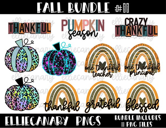 Fall PNG Bundle #11, Thanksgiving, Thankful, Pumpkin Season, Leopard Rainbow Grateful, Blessed, Digital Download, Sublimation Design