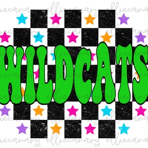 Go Wildcats PNG Sports Mom Team Spirit, Digital Download, Sublimation Design Retro Bright Chess Checker Stars Colorful Groovy