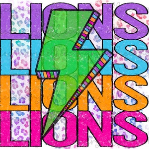 Go Lions PNG Sports Mom Team Spirit, Digital Download, Sublimation Design Retro Bright Lightning Leopard Mascot