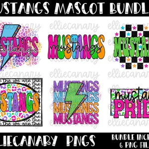 Pacote Mustangs PNG, espírito de equipe de mascote, leopardo, chita, brilhante e colorido, arco-íris retrô relâmpago, design de sublimação de download digital