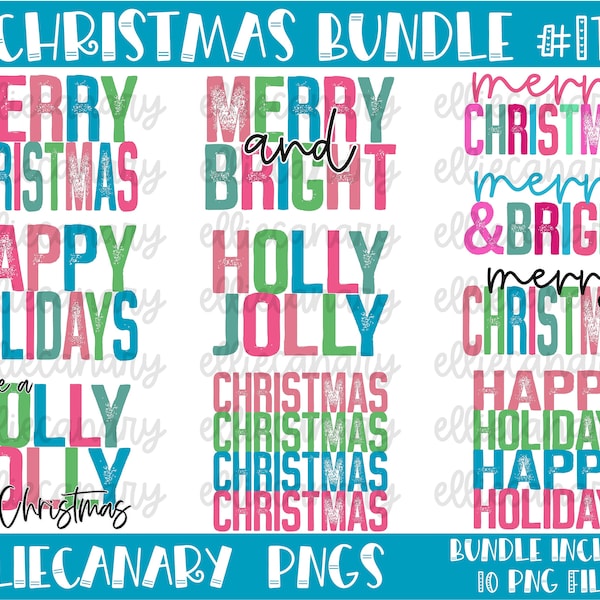 Christmas PNG Bundle #17, Holiday Sayings, Merry Christmas Merry and Bright Holly Jolly, Pink Green Blue Digital Download Sublimation Design