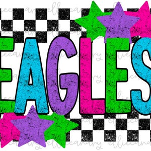 Eagles Mascot PNG, Mascot Design, Sports Mom, Team Spirit, Digital Download, Sublimation Design, Retro Bright Checker, Stars Colorful