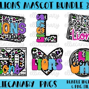 Lions PNG Bundle, Mascot Team Spirit, Leopard, Cheetah, Bright and Colorful, Retro Lightning Rainbow, Digital Download Sublimation Design