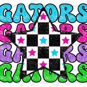 May include: A graphic design featuring the word "GATORS" in a repeating pattern. The word is in bubble letters with a distressed texture, in blue, pink, purple, and green. A black and white checkered star with pink and blue stars is in the center.