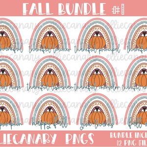Könnte beinhalten: Eine Sammlung digitaler Designs zum Thema Herbst, mit Regenbogen und Kürbissen. Jedes Design zeigt einen Kürbis im Zentrum eines Regenbogens mit Sätzen wie "crazy thankful" und "fall vibes". Die Designs verwenden Orange-, Rosa- und Brauntöne.