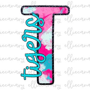 Mascote Tigres PNG, Mascote Esportivo Mãe, Espírito de Equipe, Download Digital, Design de Sublimação, Letra de Mascote, Tinta Azul Rosa com Glitter Imitação