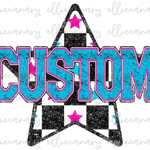 Mascotte personnalisée PNG design damier étoiles lettre d'équipe personnalisée sport maman esprit d'équipe téléchargement numérique Sublimation conception arc-en-ciel lumineux