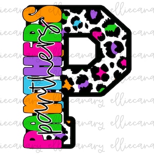 Panteras Mascote PNG Sports Mom Team Spirit, Download Digital, Design de Sublimação Retro Brilhante (Branco) Leopard Mascot Letter