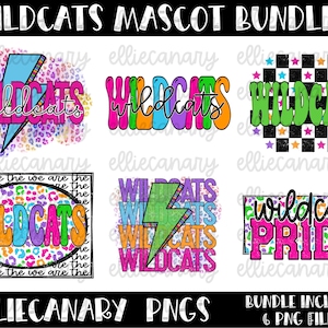 Wildcats PNG Bundle, Mascot Team Spirit, Leopard, Cheetah, Bright and Colorful, Retro Lightning Rainbow, Digital Download Sublimation Design