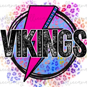 Go Vikings PNG Sports Mom Team Spirit, Digital Download, Sublimation Design Retro Bright Lightning Bolt Circle  Leopard Cheetah Print