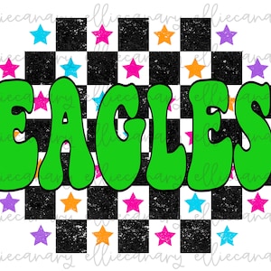 Go Eagles PNG Sports Mom Team Spirit, Digital Download, Sublimation Design Retro Bright Chess Checker Stars Colorful Groovy