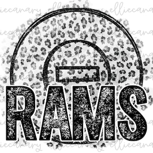 May include: Black and white graphic design featuring a football helmet with a leopard print background and the word "RAMS" in a distressed font.