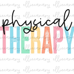 Può includere: Un design grafico colorato con il testo "physical therapy" in uno schema di colori arcobaleno. Il testo ha un aspetto usurato e vintage.