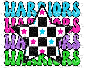 Go Warriors PNG, Retro Bright Checker Star Design (Digital Download)