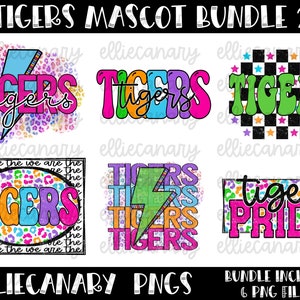 Tigers PNG Bundle, Mascot Team Spirit, Leopard, Cheetah, Bright and Colorful, Retro Lightning Rainbow, Digital Download Sublimation Design