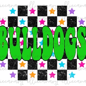 Go Bulldogs PNG Sports Mom Team Spirit, Digital Download, Sublimation Design Retro Bright Chess Checker Stars Colorful Groovy
