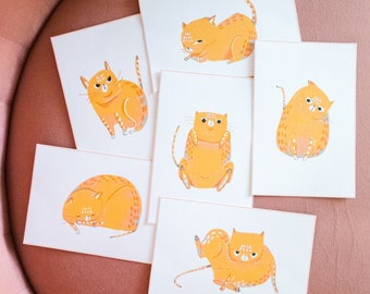 Ensemble carte postale/impression 4 x 6 chat tigré orange Cartes postales chat roux, jolie carte postale, illustration de chats de dessin animé cadeau pour amoureux des chats rentrée des classes