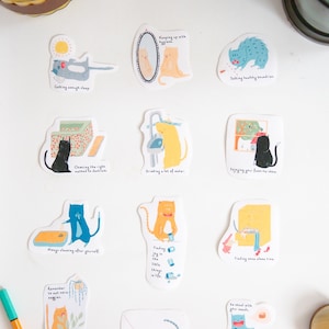 A set of 12 Cute Cat Stickers Give You Self Care Tips. Laptop Sticker, Planner Sticker, Scrapbooking Sticker, Cat Mom Gift, Cat Lover Gift