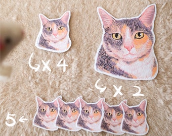 May include: Five colourful cat stickers in different sizes. The stickers feature a calico cat with orange, black and white fur. The stickers are arranged in a row with the largest sticker at the top and the smallest stickers at the bottom. The stickers are on a beige background.
