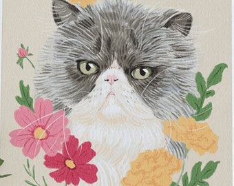 May include: A framed illustration of a gray and white cat with a grumpy expression surrounded by pink, yellow, and green flowers.