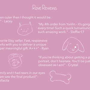 May include: A pink background with white text and illustrations. The text includes customer reviews for a pet portrait service. The reviews are positive and mention the artist's quick turnaround time, responsiveness, and the quality of the work. The illustrations include a cat, a dog, a bone, and a can of fish.