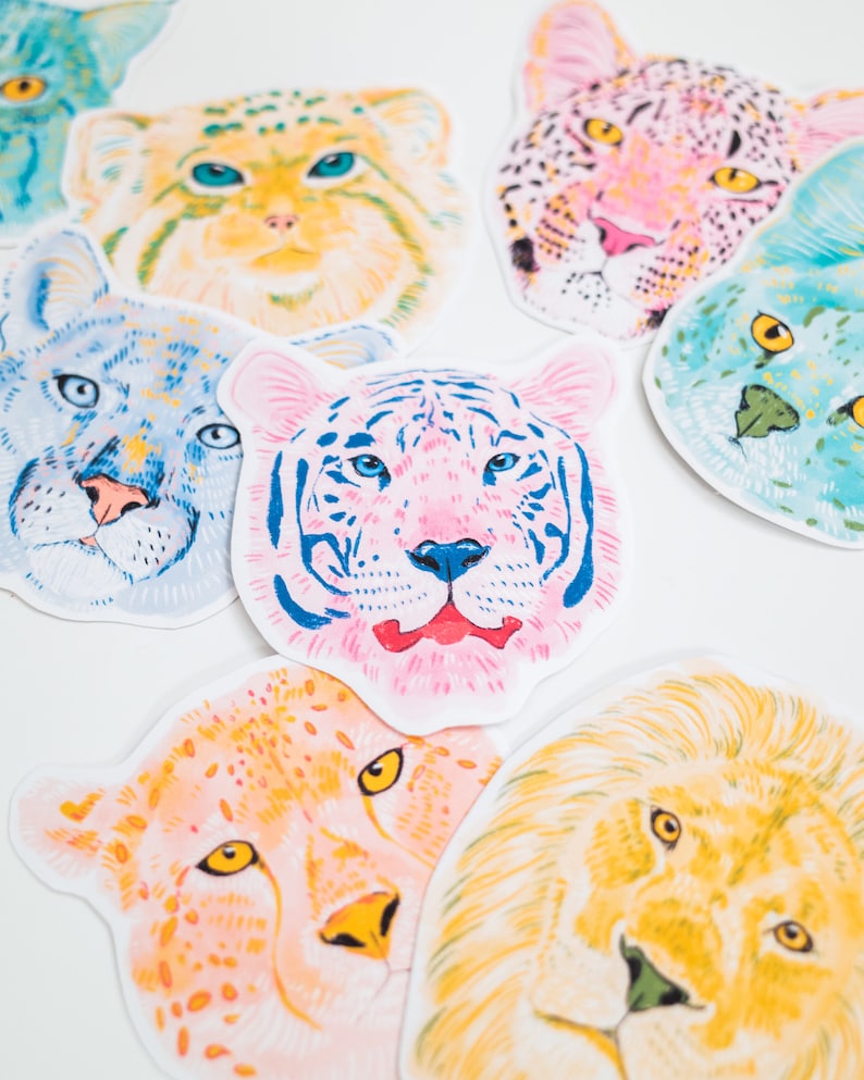 May include: A set of colourful animal face stickers featuring a lion, tiger, cheetah, leopard, and snow leopard. The stickers are hand-drawn and feature a variety of colours and patterns.