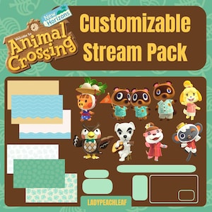 Puede incluir: Un paquete de arte digital con personajes del videojuego Animal Crossing: New Horizons. La imagen incluye varios personajes, superposiciones de transmisión y el texto "Customizable Stream Pack". La paleta de colores incluye marrón, verde y amarillo.