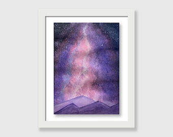 Lila Galaxie Aquarell Malerei: Sternenhimmel Wandkunst (23x30cm)