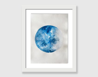 Blue Moon Aquarell Malerei: Himmlische Wandkunst (23x30cm)