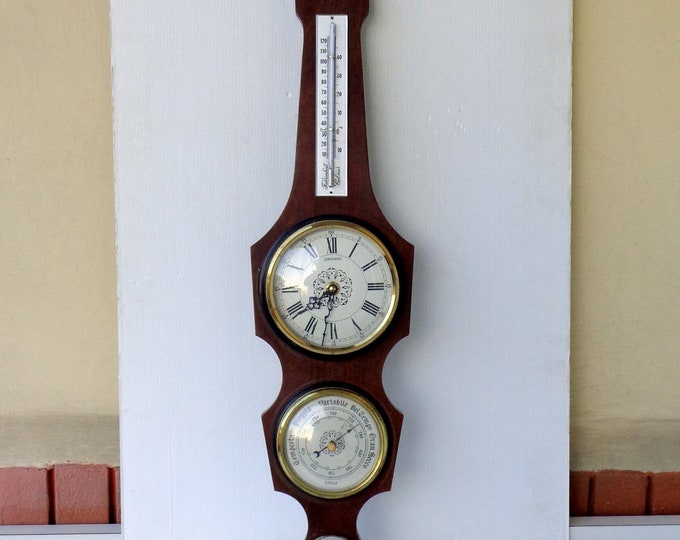 Antique Clock, Barometer, Thermometer Hygrometer in Wood, Height 71cm Vintage Italy 1970s, Solid