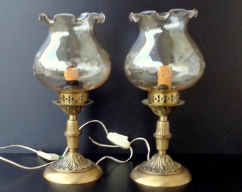 Pair of vintage lamps with  brass structure, and  decorated glass bowl, see in Italy 60s height 31cm, diameter base 12cm