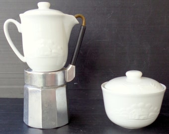 Collectible Vintage Italian coffee maker espresso machine,domed lid old coffee maker, and sugar bowl  collectibles Italy ,with porcelain cup