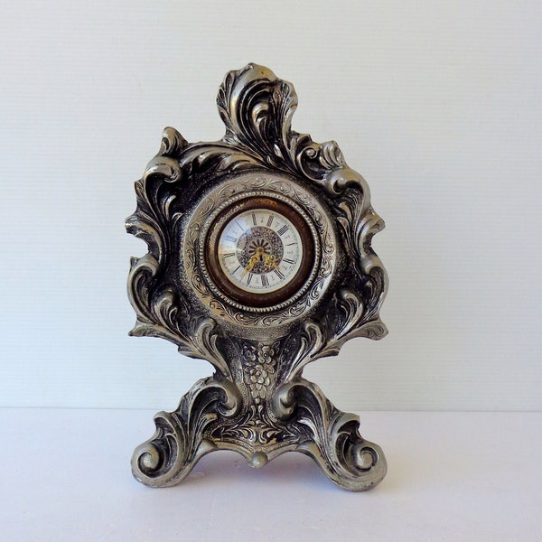 Antique Venetian style, white brass fireplace clock Antique mantel clock. Vintage fireplace clock. High 25cm. Wide: 15.5 cm. Weight 1814gr