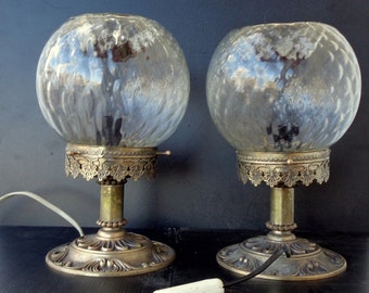 Pair of, vintage lamps, with  brass, structure, and  decorated, glass bowl, see in Italy 60s height 25cm, diameter base 14cm