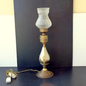 Italian antique brass Table lamp with glass lampshade. Vintage from Italy 60s. height 53cm