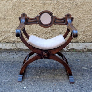 Antique Savonarola wooden chair with velvet seat, Vintage Italy 1960s, height 70cm, width 67cm, depth 49cm