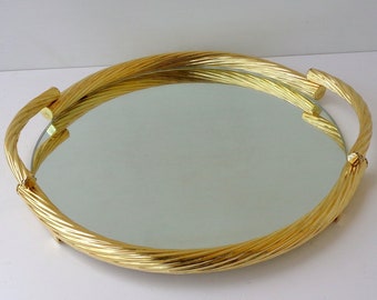 Tray with brass structure and mirror base, Vintage 1980s, length 38cm, width 36cm, weight 1640gr