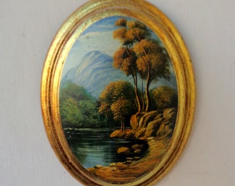 Oval Old painting, , gold leaf frame, painted with oil colors, with convex image, Vintage Italy