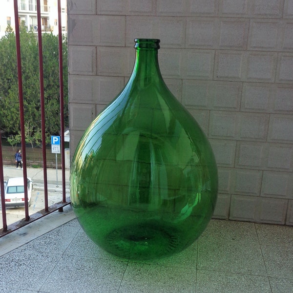 Tarro gigante de vidrio verde italiano vintage de 54 lt, tarro de vino, decoración del restaurante bar vintage demijohn de la antigua Italia, decoración auténtica de la granja italiana