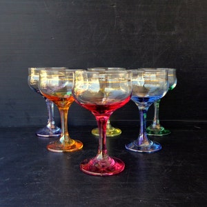 6 Champagne glasses, colored glass, golden drawn, like new, Made in Italy, height 15cm, diameter 8.6cm, capacity 240ml, weight 230gr
