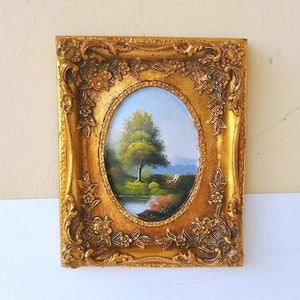 ヴィンテージイタリアの油絵「風景」は美しい木製の金枠に収められて