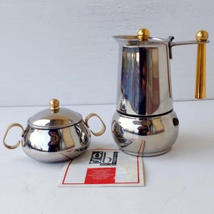 4 cups, Italian inox 18-10 coffee maker espresso machine, plus sugar bowl, brand Guido Bergna Barista,  coffee maker collectibles, like New