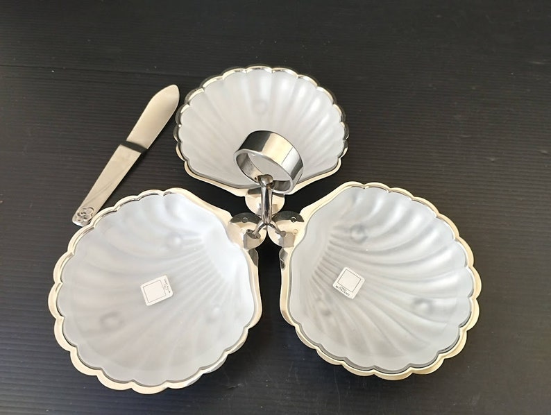 Vintage Italian triple bowl Dish shell shaped, with Matte Crystal Liner, Shell Shaped Dish, Caviar Dish, handled Seafood serve plate.
