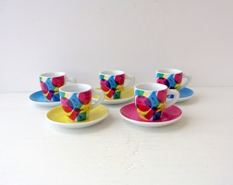 BIALETTI BRAND, for Italian espresso coffee, five cups with porcelain saucer, 90ml capacity, new, never used