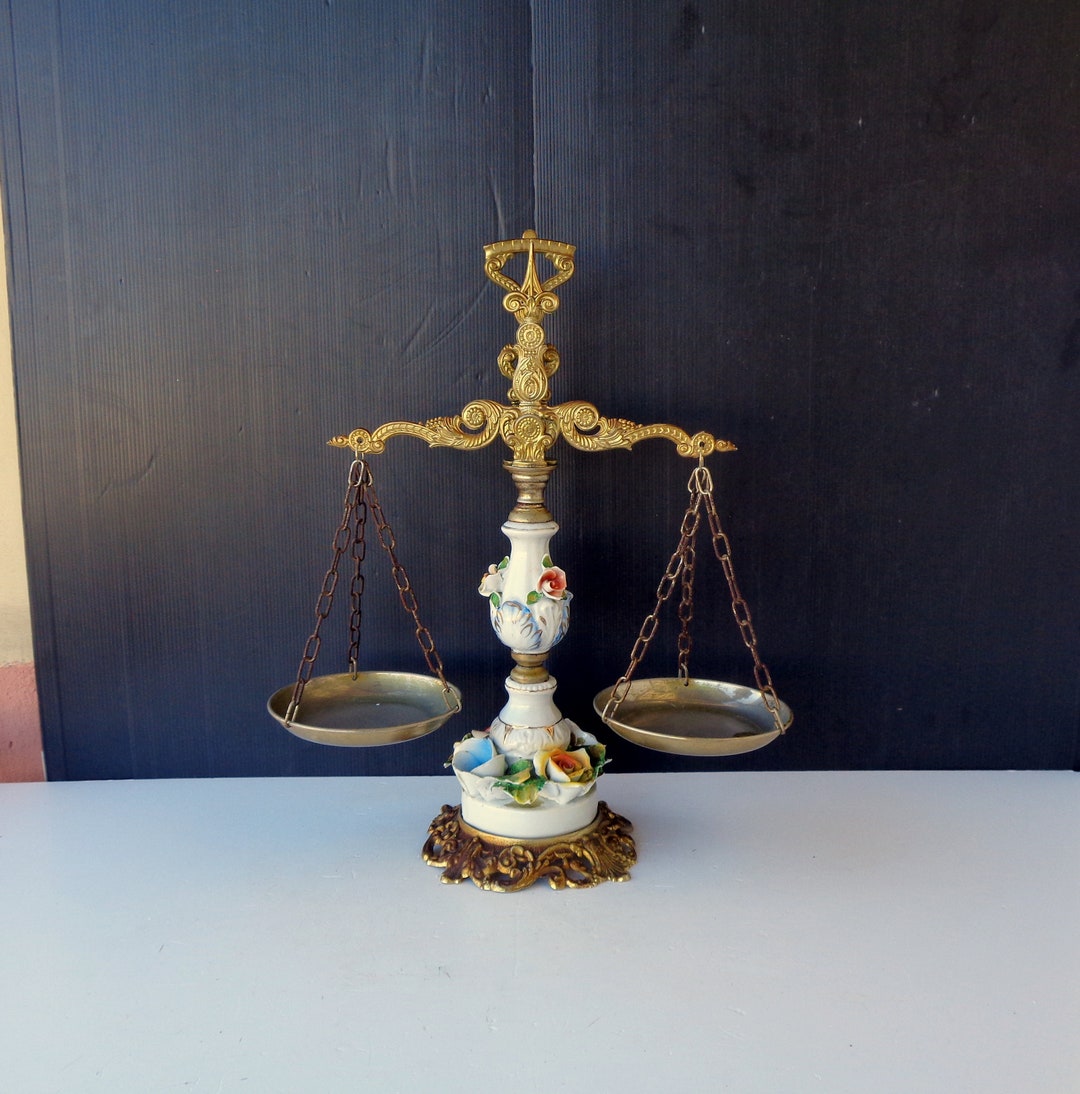 Ancient Balance, Very Rare, in Brass and Capodimonte Ceramic, With ...